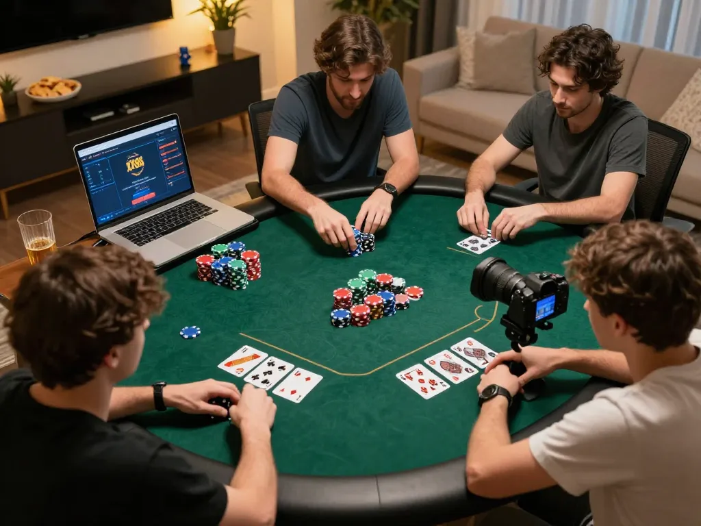 Engaged players strategizing during an XX88 online poker game at home, with colorful chips in action.