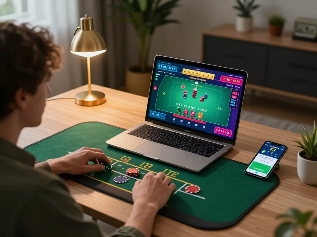 Engage in go99 online gaming with live dealer blackjack at a stylish desk setup