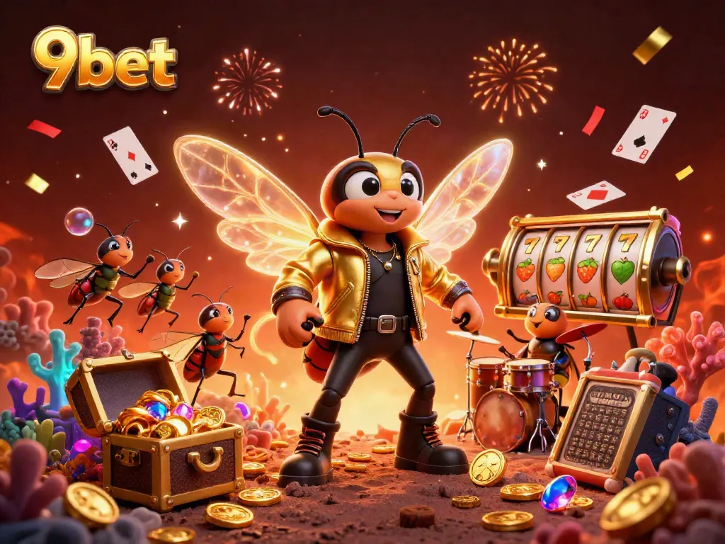 Experience the thrill of 9bet with a vibrant illustration of a rock star cicada and casino elements.
