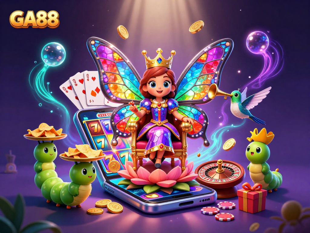Spin and win with GA88 in this vibrant 3D casino scene featuring a colorful butterfly queen.
