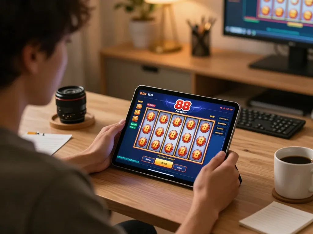 Player enjoying slot88 resmi on tablet in a cozy home office, focused gaming atmosphere.