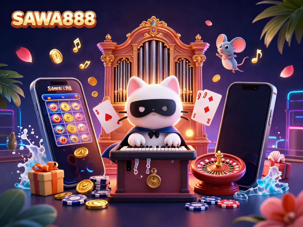Experience the excitement of SAWA888 with a dynamic scene of a 3D phantom cat and gaming elements in a vibrant casino.