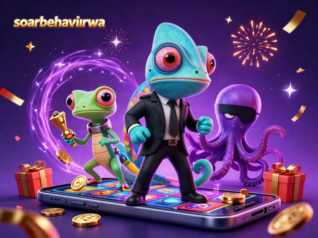 Spin the reels with excitement at soarbehaviorwa, as the chameleon and companions celebrate in a vibrant casino scene.