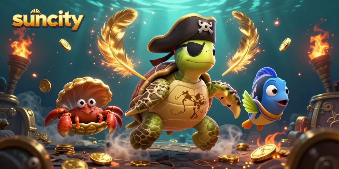 Suncity's vibrant casino scene with a cartoon turtle, crab, and fish, surrounded by treasure and betting tokens.