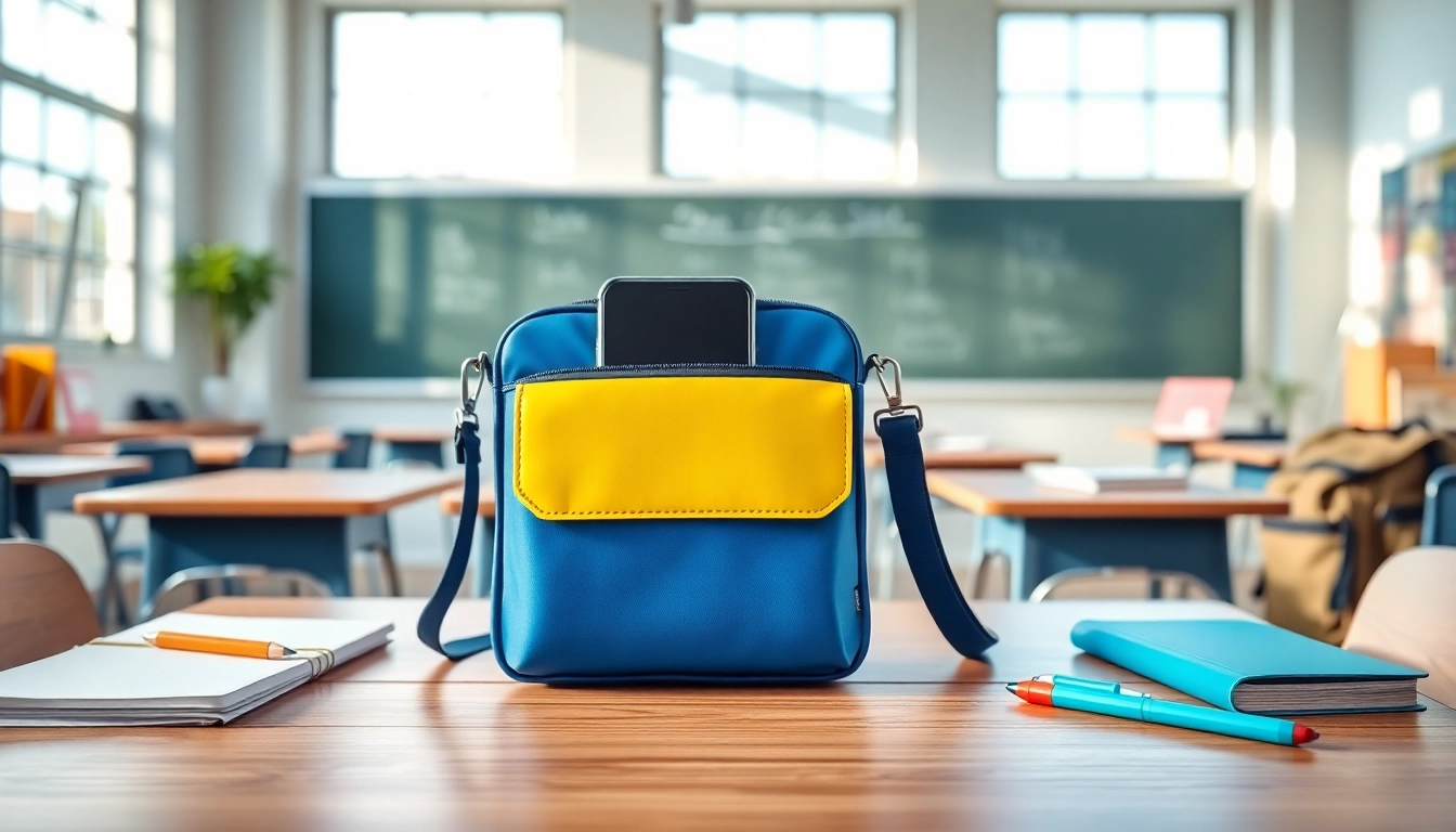Handytasche Schule auf einem stylishen Schreibtisch in einem modernen Klassenzimmer.