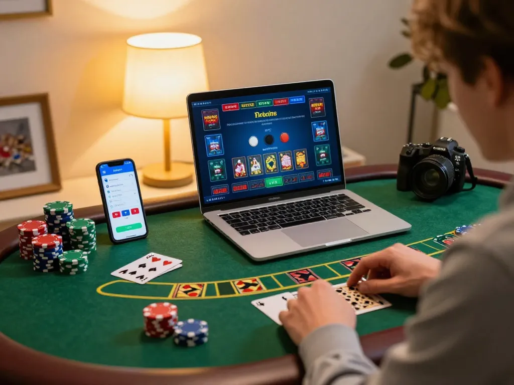 Player enjoying an aud77 online blackjack game on a laptop in a cozy home office setting