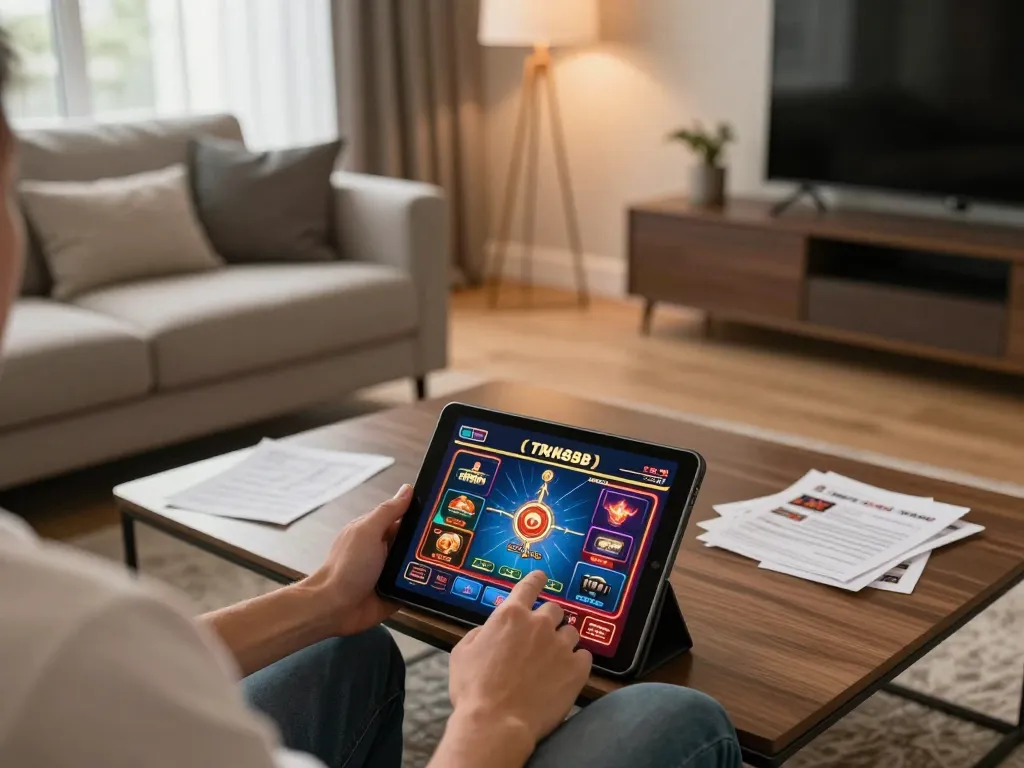 Player engaging with the trang chủ NK88 on a tablet in a cozy living room, showcasing online casino gaming.