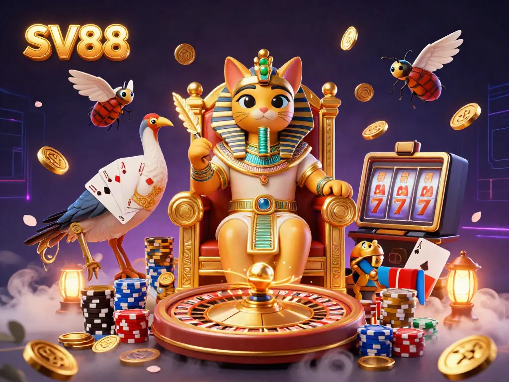 Engage in thrilling gameplay at SV88 with a pharaoh cat and vibrant casino elements.