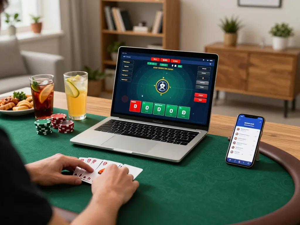 Player engaging in online poker at q23win.com with inviting home ambiance and strategic elements.