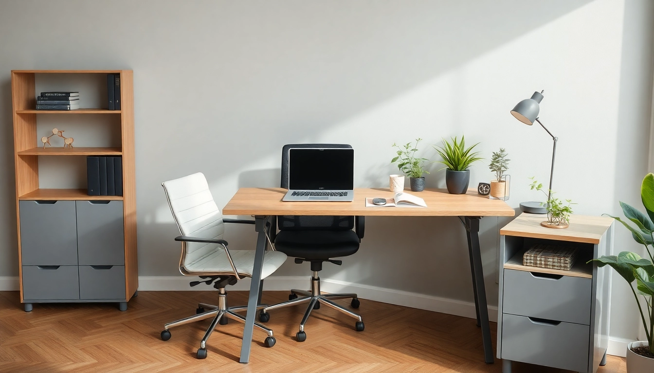 Büromöbel in einem stilvollen Büro, das ergonomische Schreibtische und Stühle umfasst.