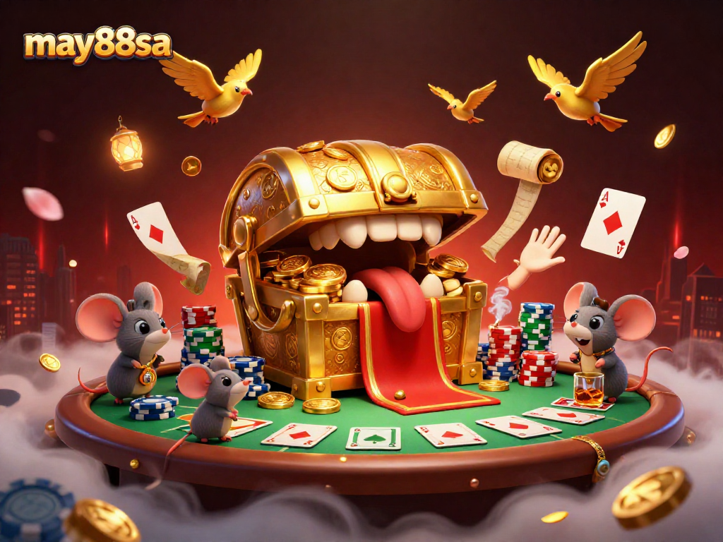 May88sa showcases a vibrant 3D casino scene inviting players to engage with poker tables and treasure.