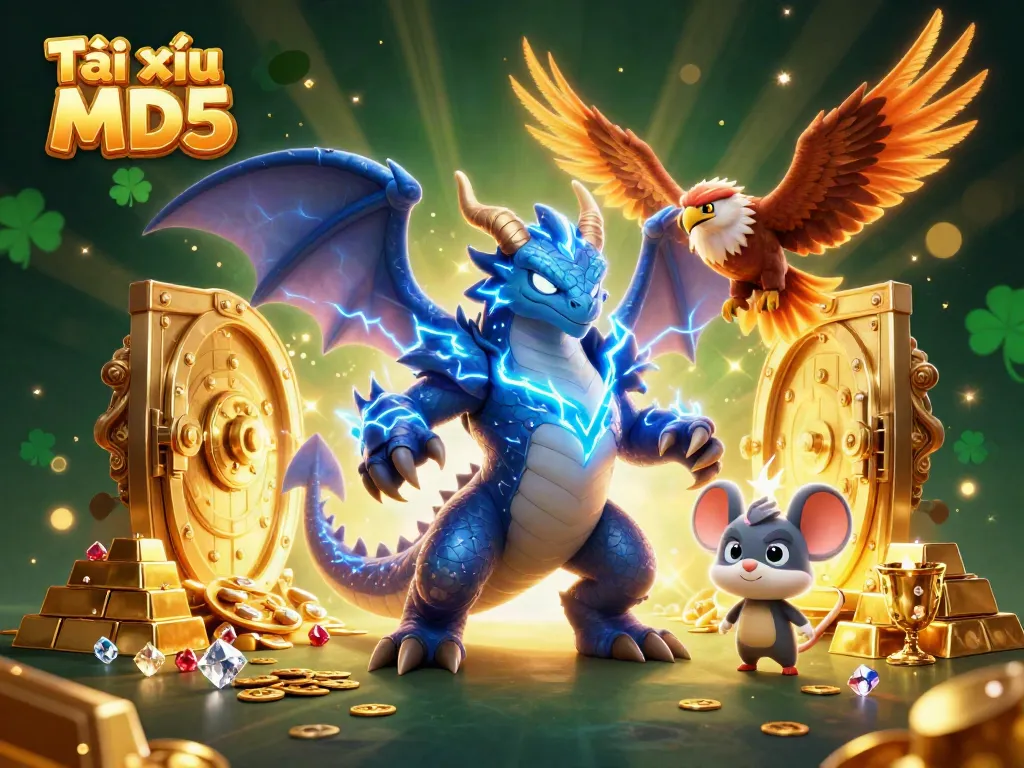 Experience Tài xỉu MD5 with powerful characters and dynamic casino elements bursting with golden treasure.