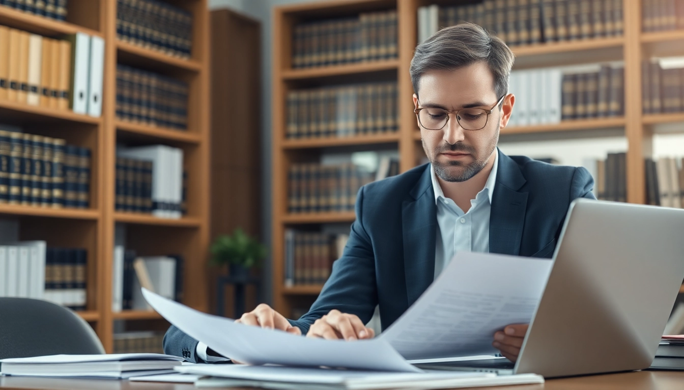 Verträge verstehen mit einem Rechtsberater in einem modernen Büro, analysierend und auf Dokumente fokussiert.