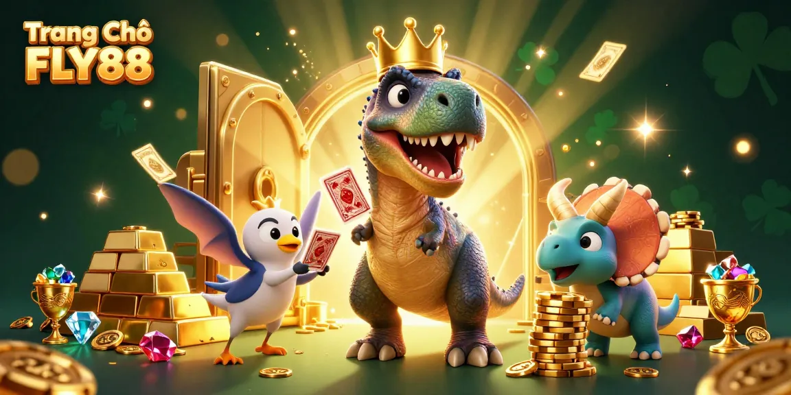Experience thrilling action at Trang Chủ FLY88 with a fun T-Rex and casino elements.