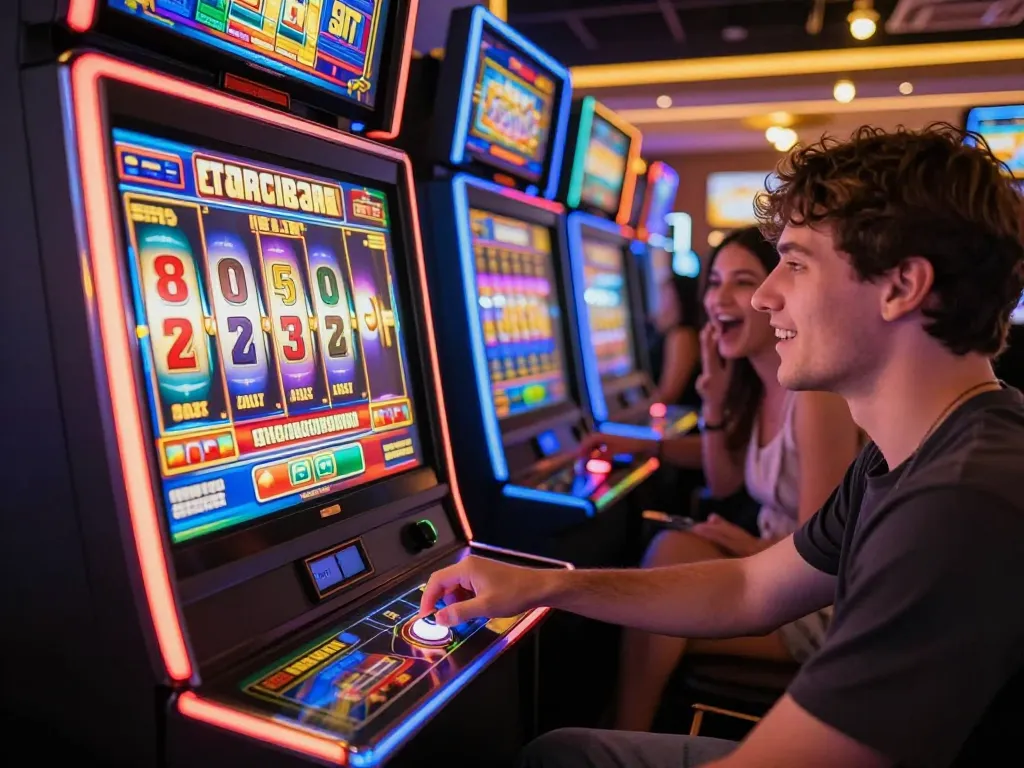 Player activating a vibrant slot depo 10k machine with excitement and colorful lights in a casino