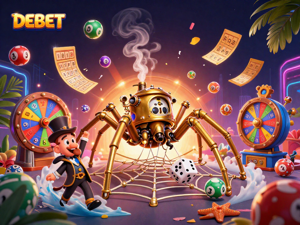 Play exciting lottery games with DEBET's animated characters in a vibrant, dynamic scene.