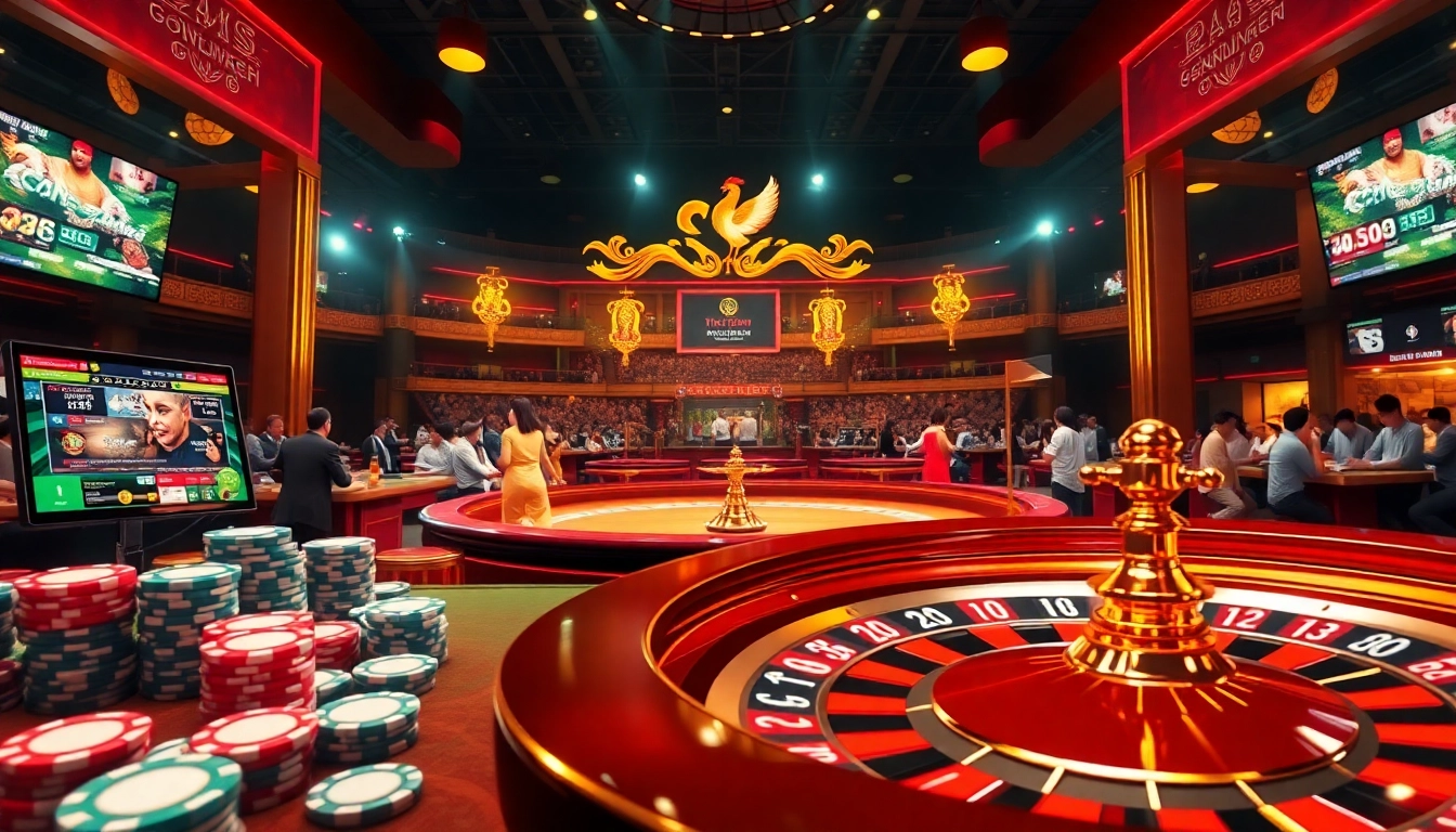 Experience the excitement of đá gà trực tiếp with vibrant colors and dynamic gambling elements.