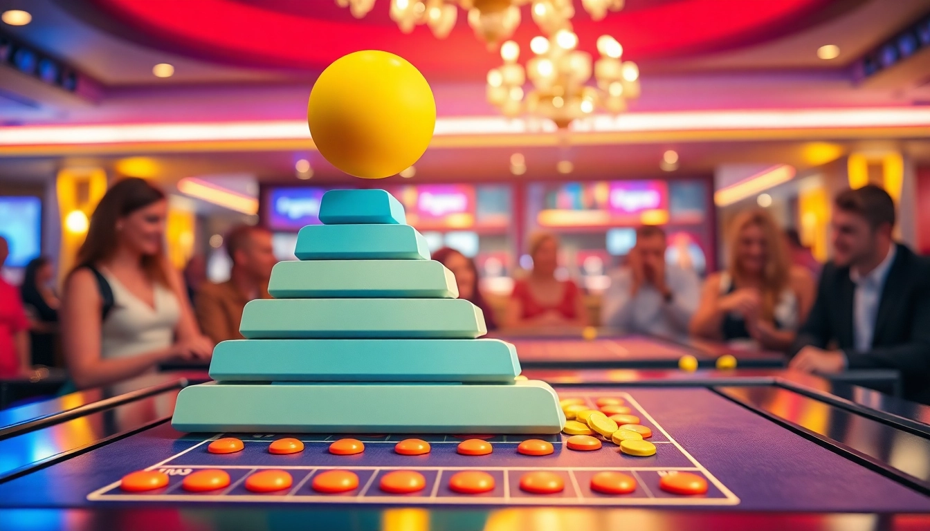 Erleben Sie Plinko mit einer bunten Kugel, die spektakulär durch eine Pyramide aus Stiften fällt.