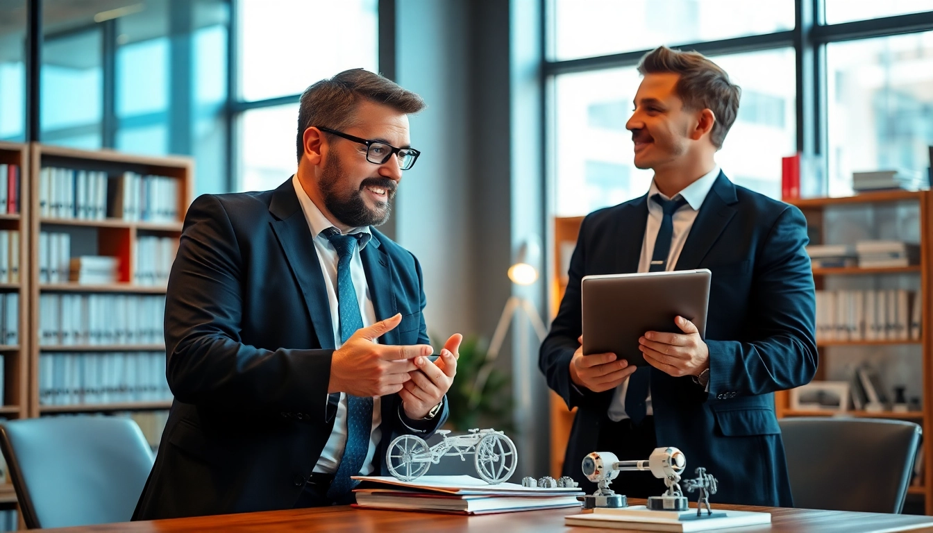 Headhunter Ingenieure profitieren von innovativem Austausch zwischen einem Headhunter und einem Ingenieur in einem modernen Büro.