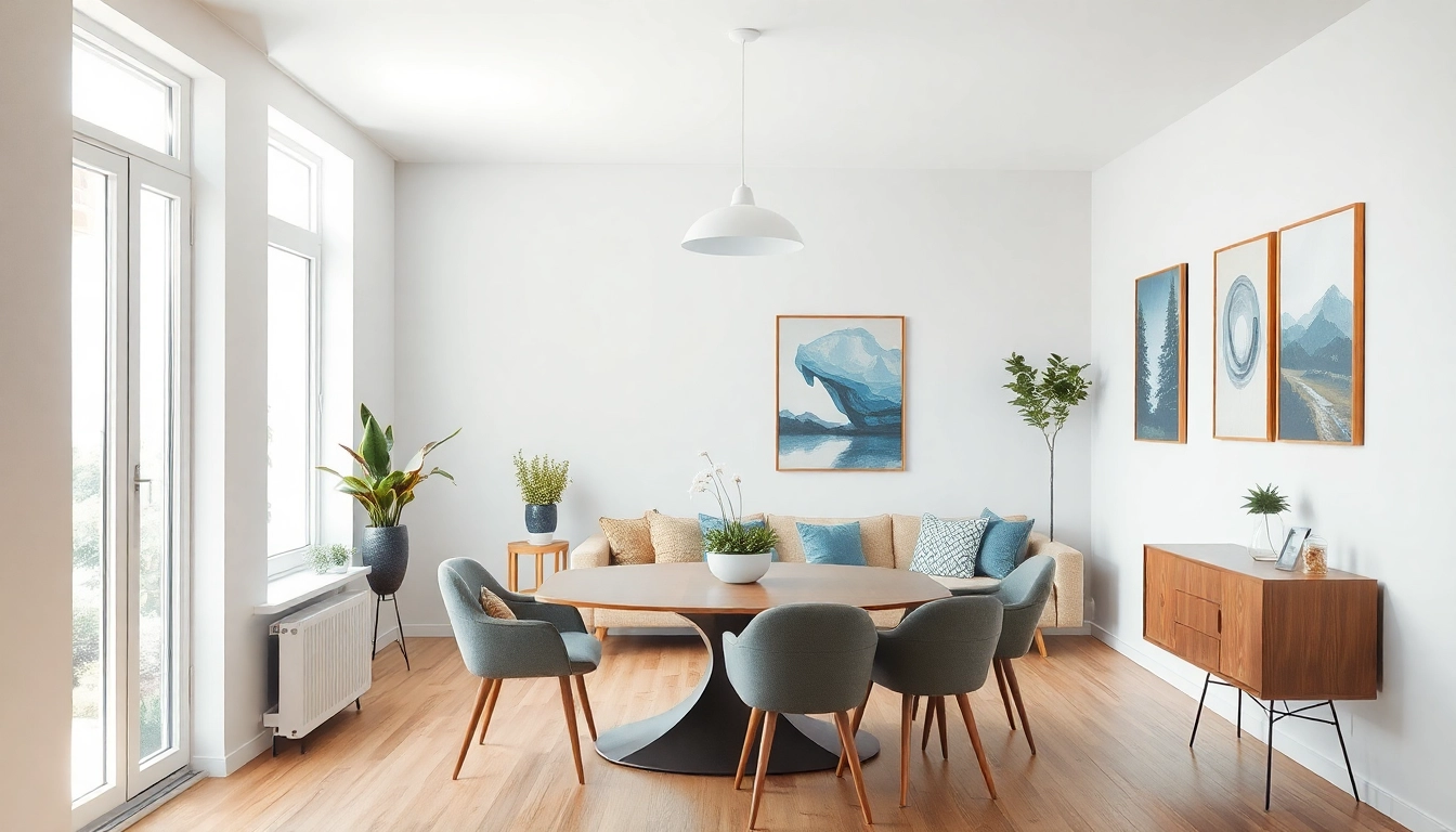 Moderne Raumgestaltung mit warmen Farben, eleganten Möbeln und viel natürlichem Licht.