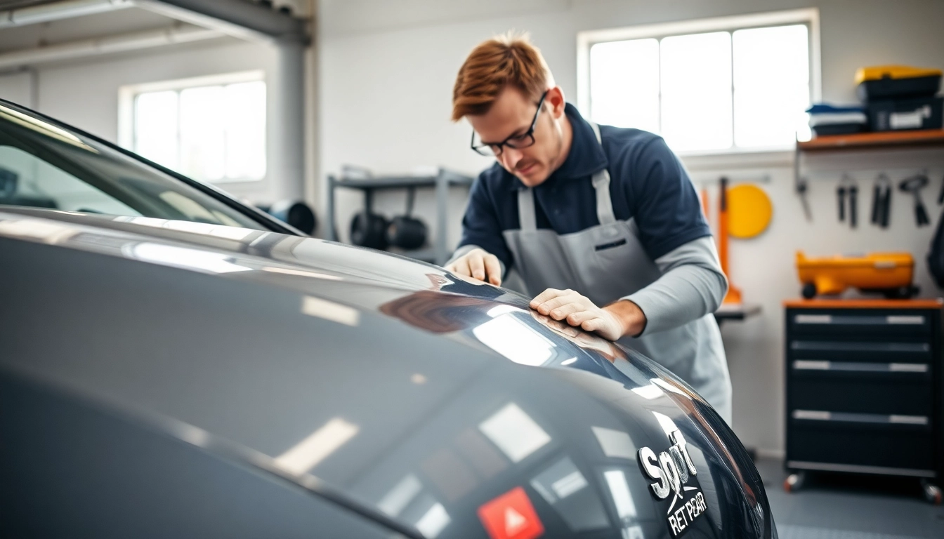 Techniker führt Spot Repair München durch und repariert Lackschaden am Fahrzeug.