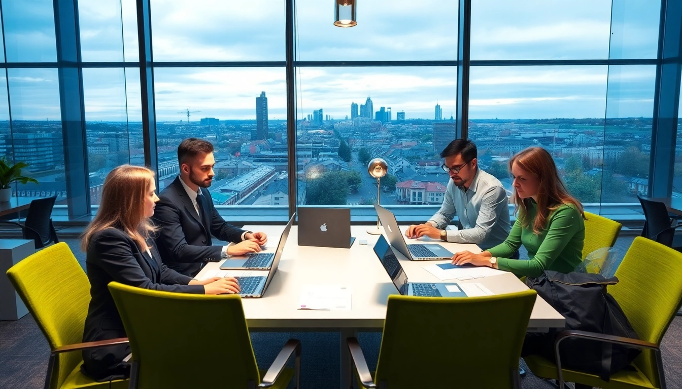 Interaktive Gruppe von Headhuntern Mannheim in einem modernen Büro, die gemeinsam an Projekten arbeiten.