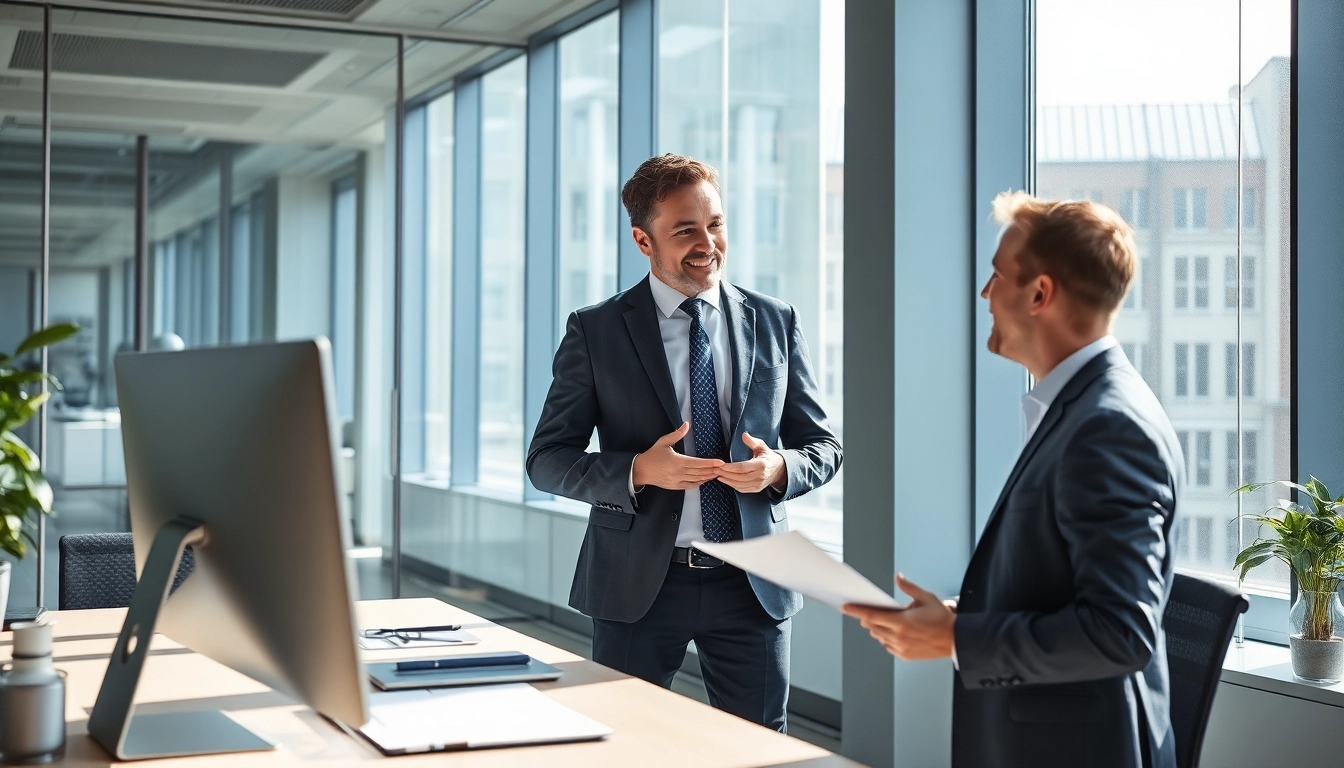 Headhunter Hannover berät Kandidaten in modernem Büro, zeigt professionelle Interaktion.