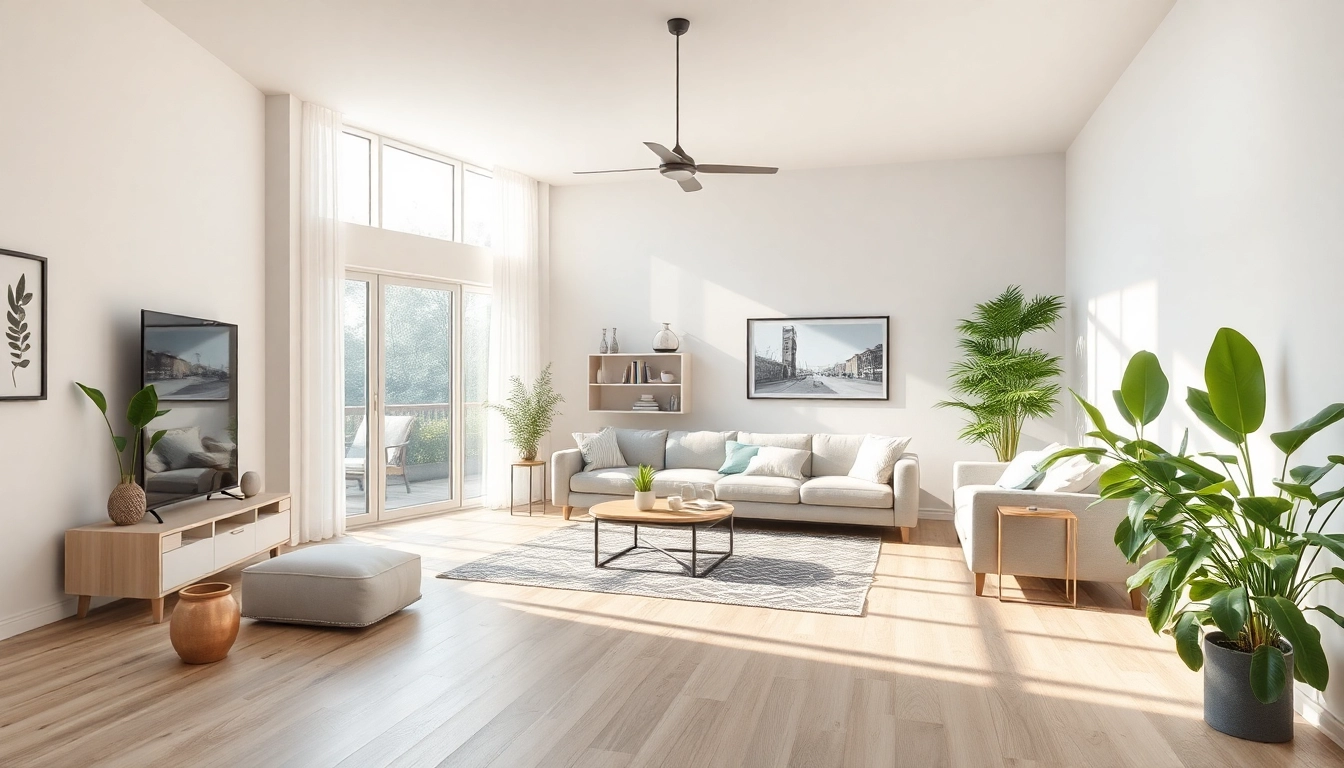 Moderne Raumgestaltung mit harmonischen Farben, natürlichen Materialien und Pflanzen für eine einladende Atmosphäre.