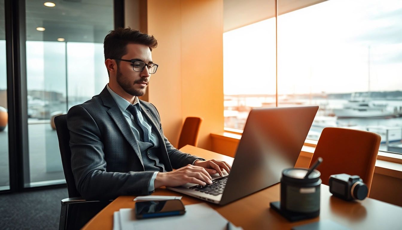 Headhunter Kiel arbeitet konzentriert in einem modernen Büro mit Hafenblick.