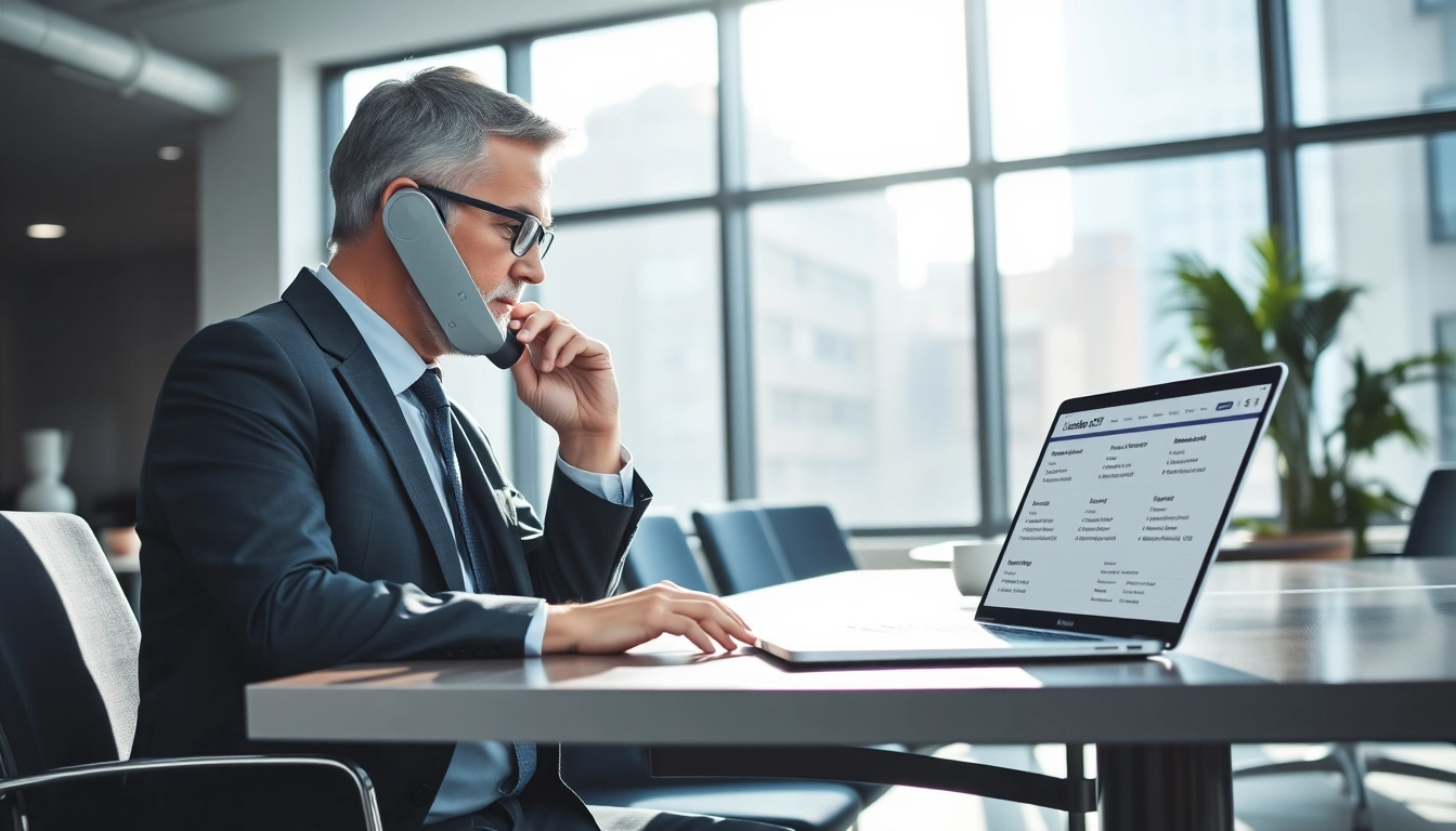 Headhunter IT, der in einem modernen Büro mit Laptop und Lebensläufen arbeitet.