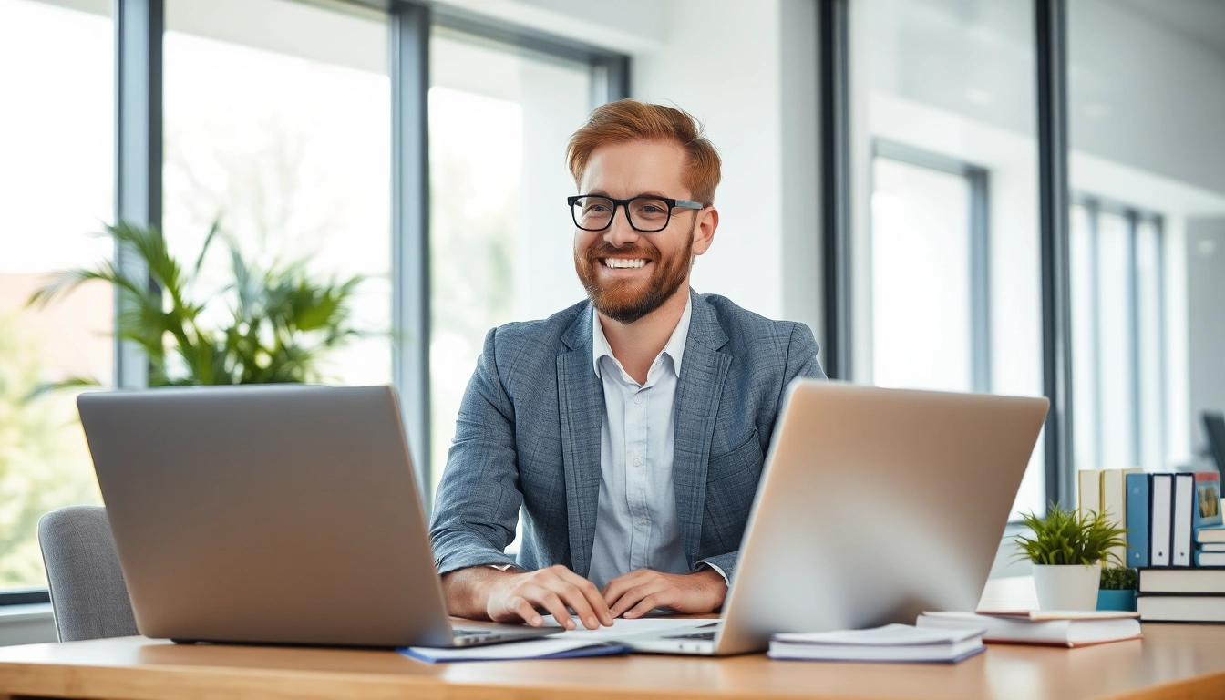Headhunter IT, der in einem modernen Büro mit Laptop und Notizen arbeitet.