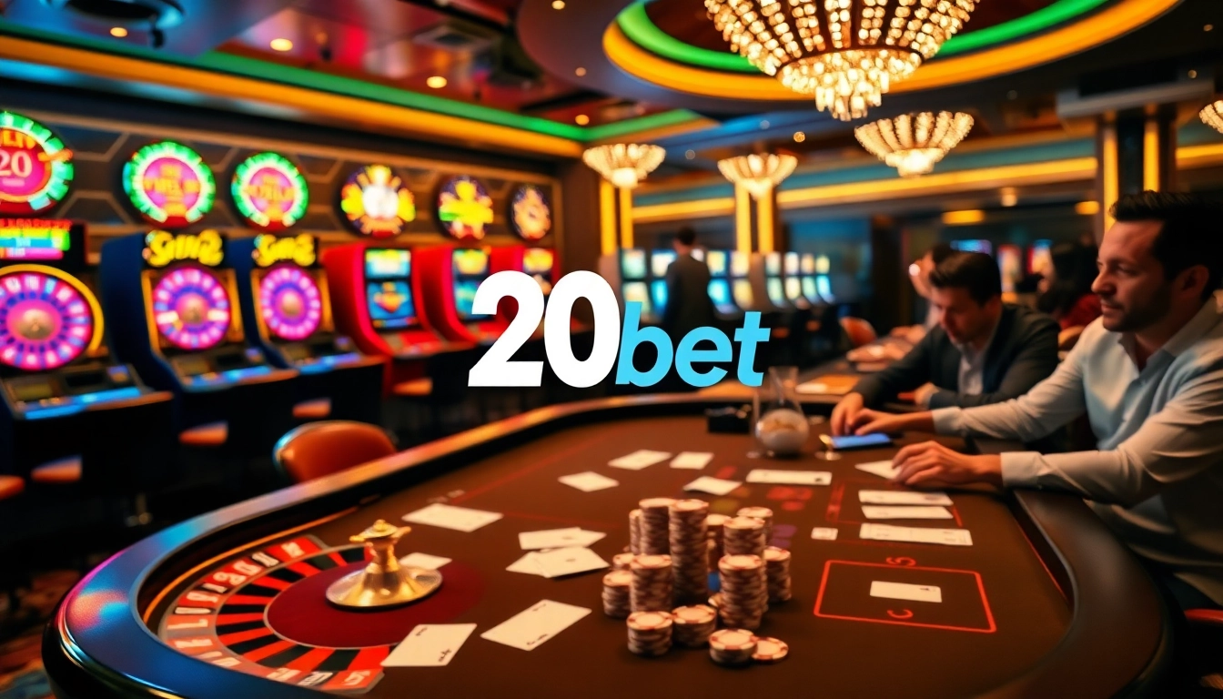A vibrant and luxurious casino scene showcasing 20bet with roulette wheels, poker tables, and colorful slot machines.