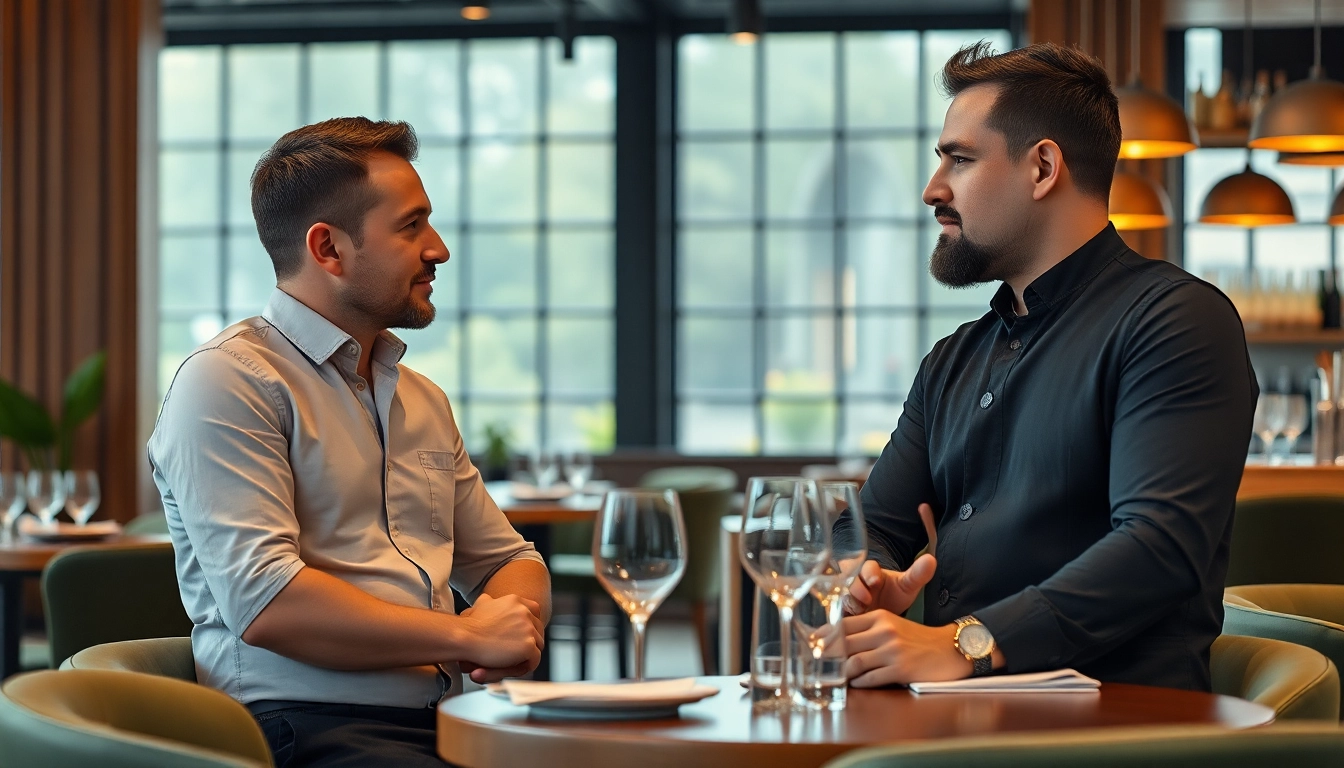Headhunter Gastronomie führt ein aufschlussreiches Gespräch mit einem erfahrenen Restaurantmanager in einem eleganten Gastro-Betrieb.