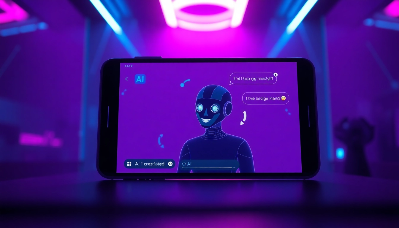 Porn AI chat interface showing a playful conversation with a vibrant AI character in a neon-lit environment.
