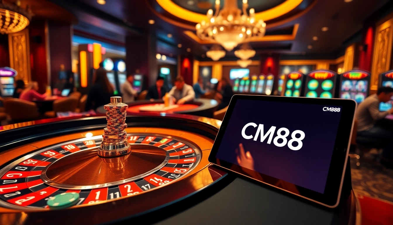 Players enjoying high-stakes gambling action at a CM88 roulette table in a stylish casino.
