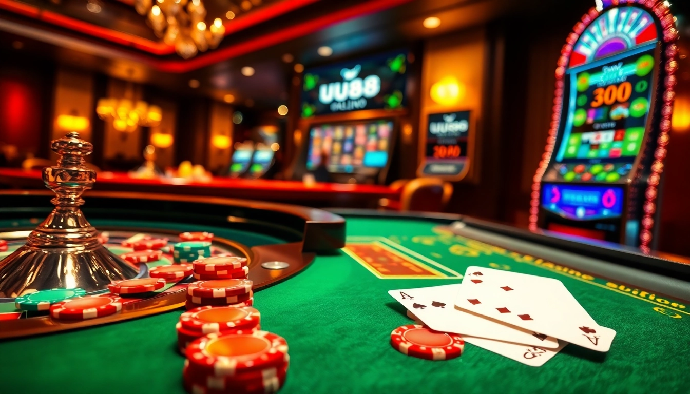 Experience the excitement of online gambling at uu88 with a luxurious casino scene featuring roulette and poker.