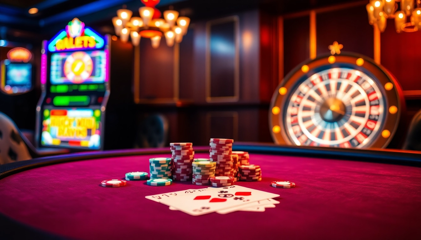 Experience thrilling gameplay at https://kuwinzhz.com/ with vibrant casino elements like poker chips and roulette wheels.