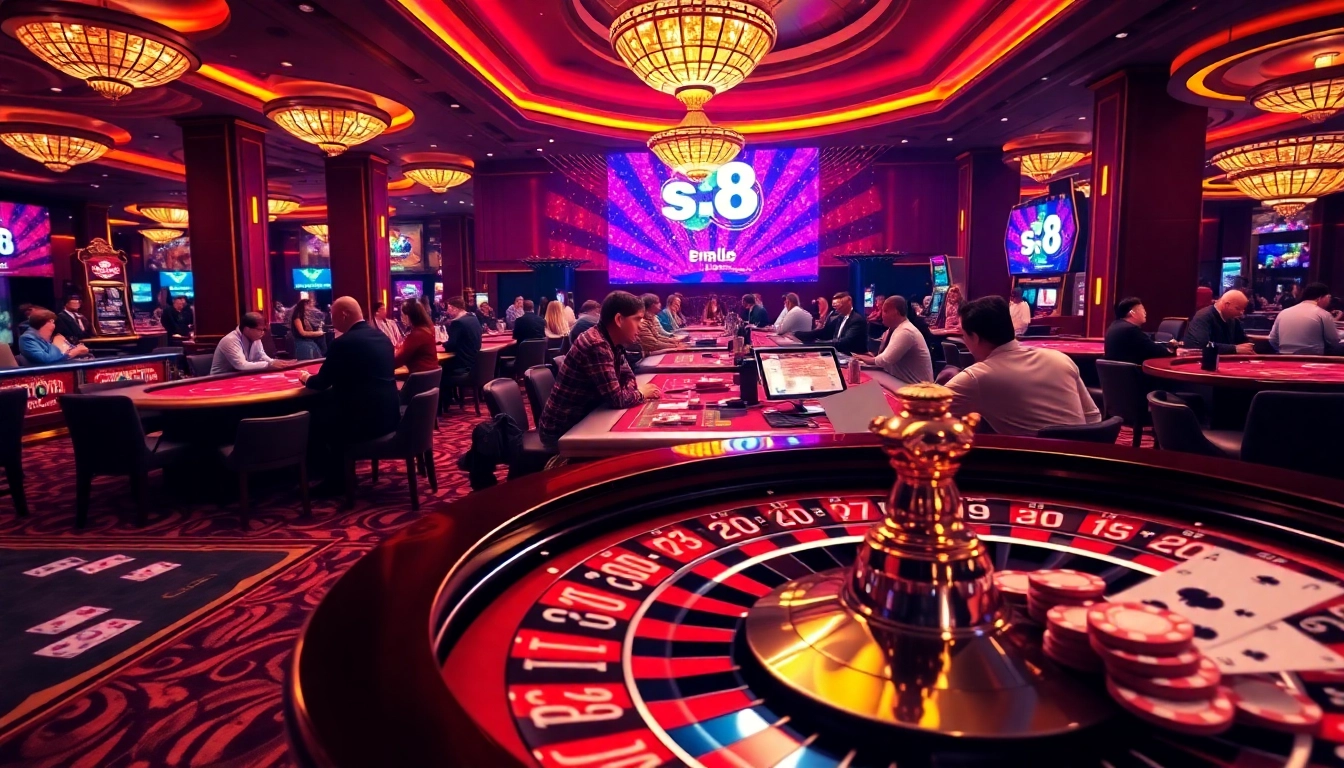 A lively casino scene featuring players engaged in games, highlighting the keyword "s 8" prominently in a digital display.