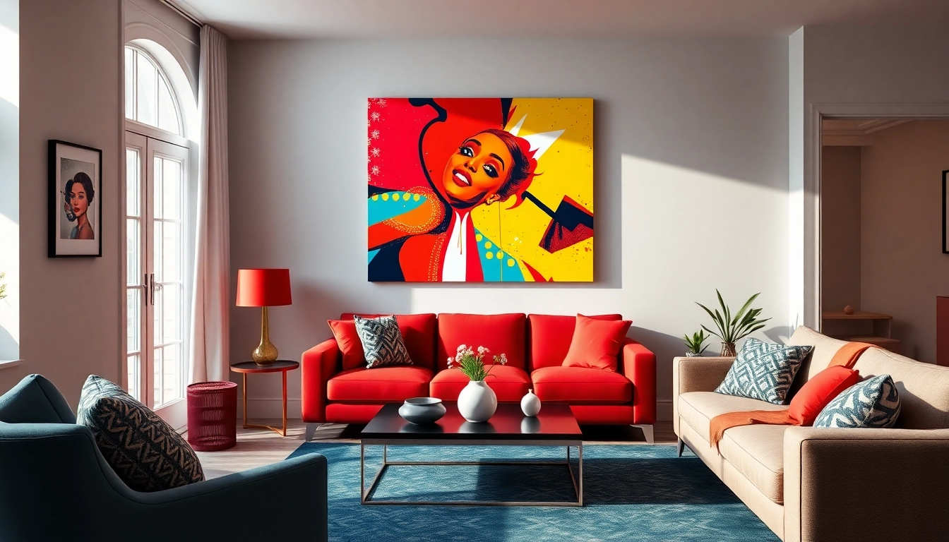 Lebendige Pop-Art-Bilder bereichern die moderne Wohnzimmerdekoration mit kräftigen Farben und energiegeladenem Design.