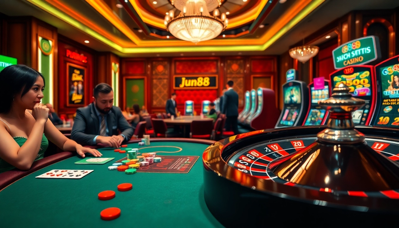 Join the excitement at Jun88 casino with vibrant poker chips and a spinning roulette wheel.