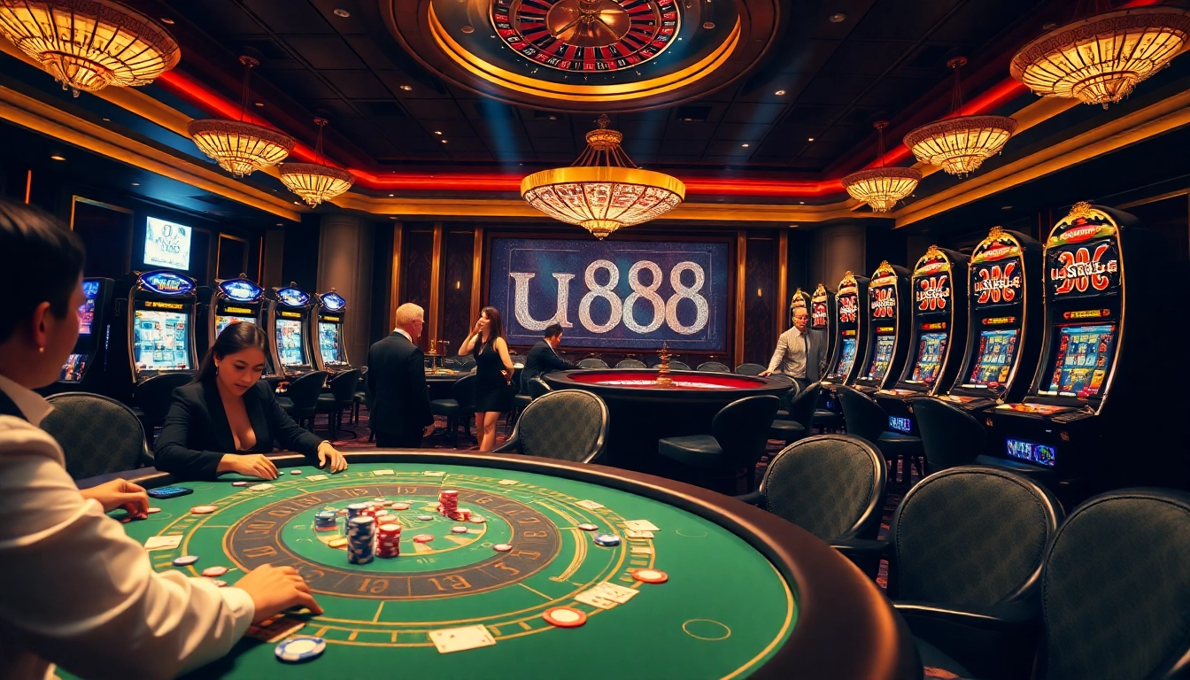 Exciting gaming experience at u888 with poker and roulette in a luxurious casino setting.