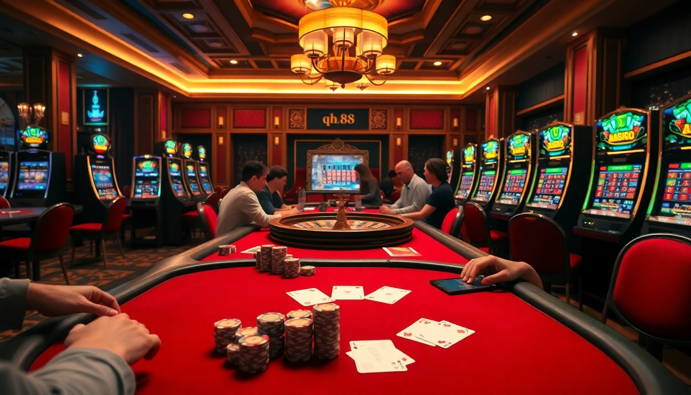 Experience thrilling poker action at qh88 casino with vibrant cards and chips.
