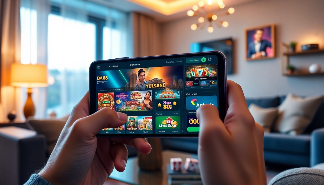 A user engaging with the vibrant DA88 app; Tải App Da88 for top casino games and rewards.