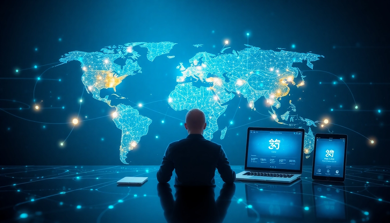 快连官网 showcasing global connectivity with high-tech devices and secure network.