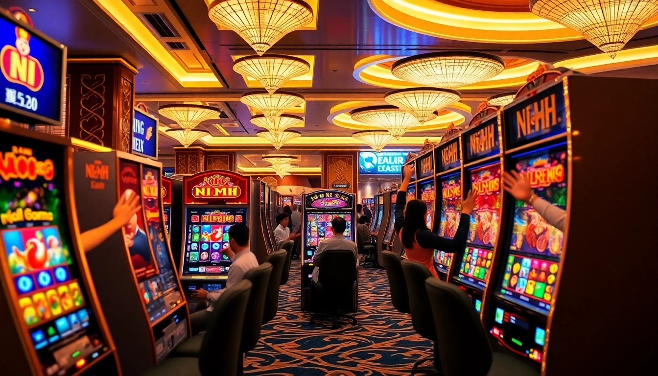 Exciting scene of nổ hũ gameplay at a luxury casino slot machine.