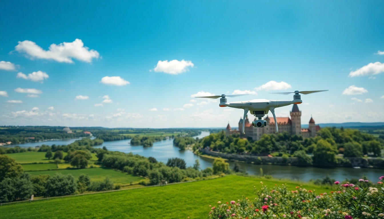 Drohnenaufnahmen Brandenburg: Aerial view of Brandenburg's landscapes with lush fields and a flying drone.