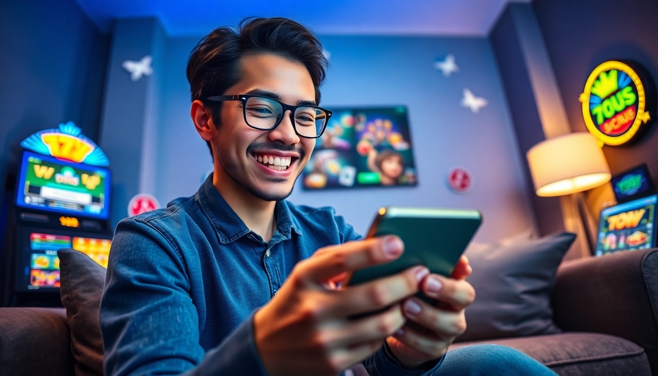 Excited user enjoying the 789Club app on a smartphone in a cozy setting.