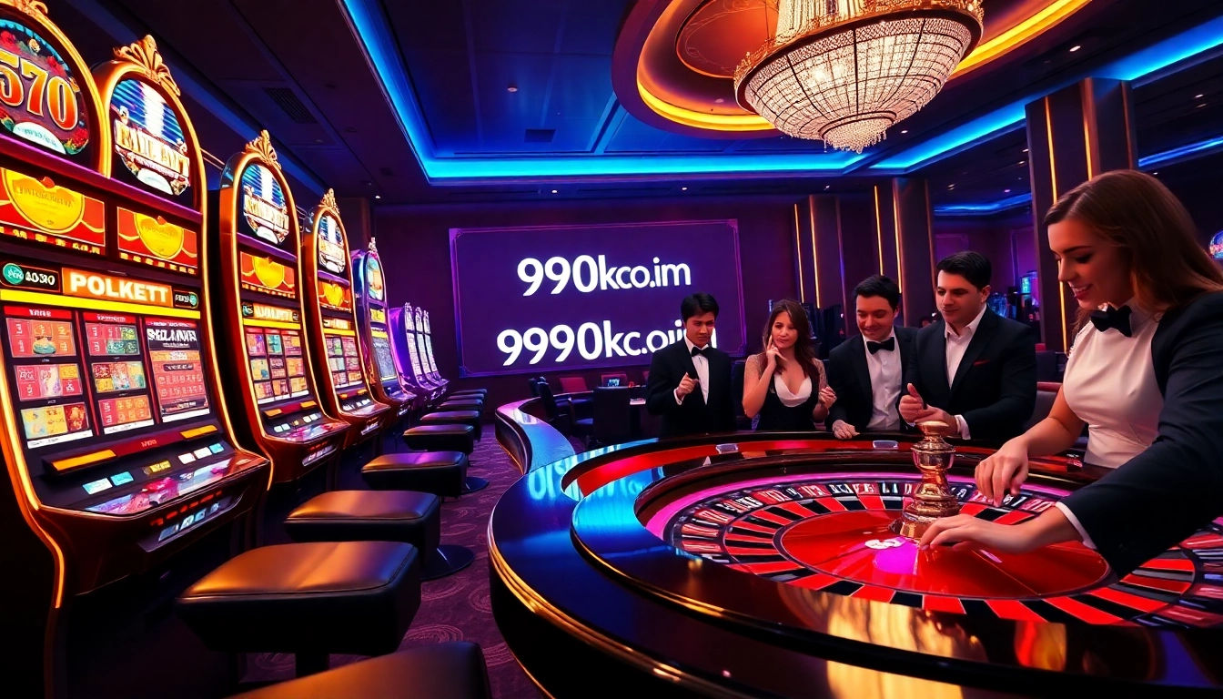 Excited players at a luxurious casino table featuring the 99ok.co.im logo, vibrant slot machines in focus.