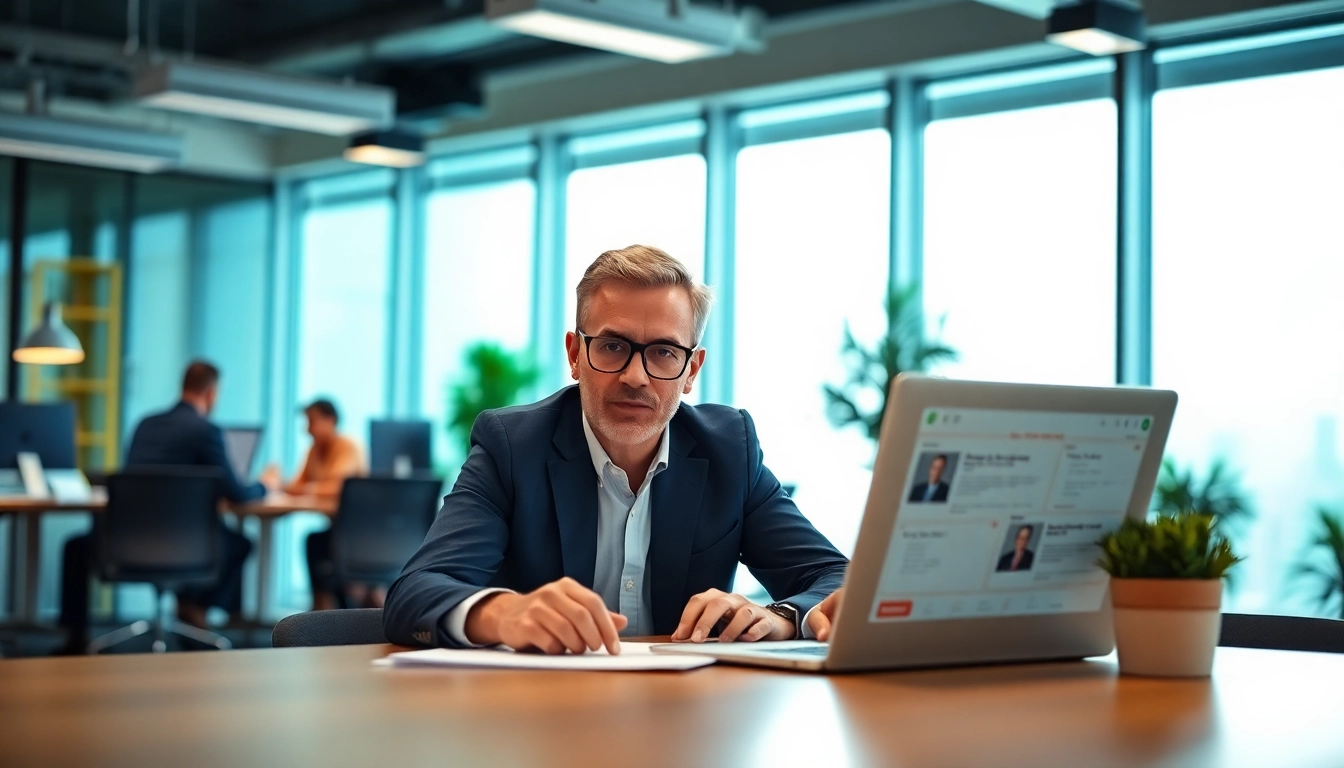 Headhunter Schweiz analysiert Bewerbungen in modernem Büro.