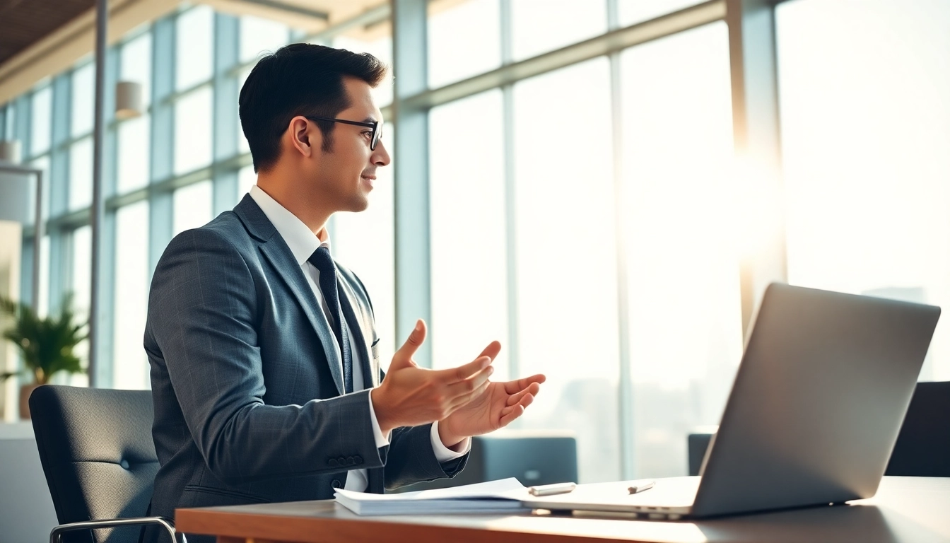 Headhunter conducting a professional interview in a modern office environment.